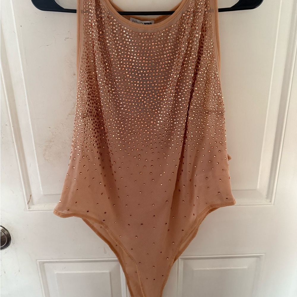 Fashion Nova Tan Rhinestone Bodysuit